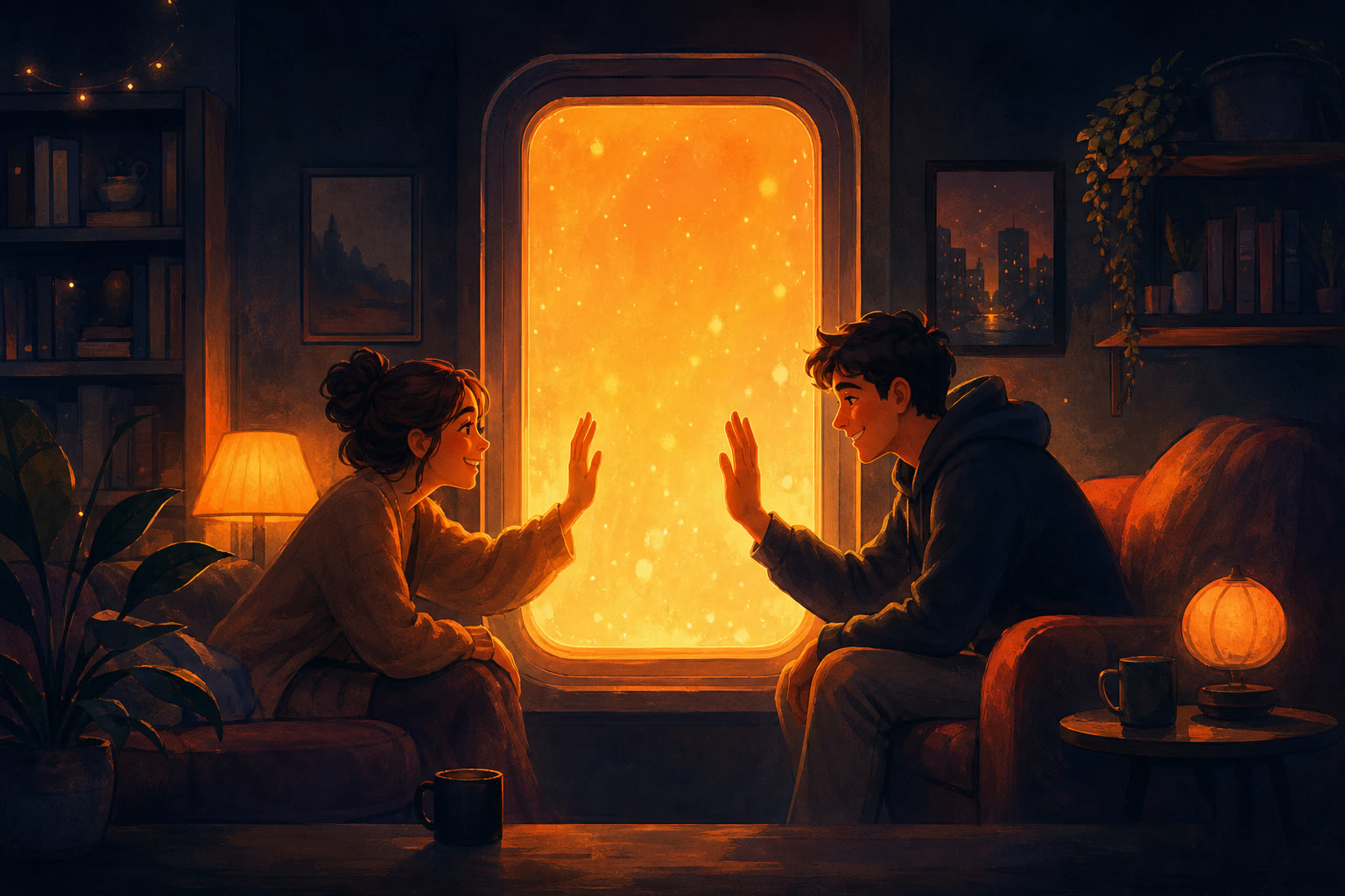 Two people in their own homes reaching toward each other through a glowing window at night.