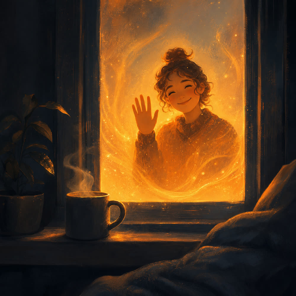 A steaming mug on a windowsill, with someone waving through a warmly lit window.
